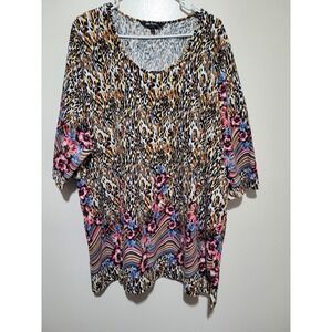 Ulla Popken Tunic Women 24/26 Multicolor Leopard Floral 3/4 Sleeve Top